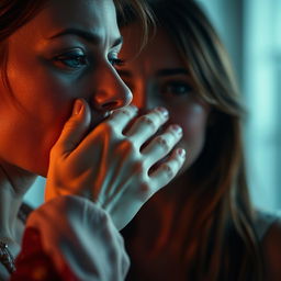 A dramatic and artistic scene featuring a woman's hand gently but firmly covering another woman's mouth, suggesting a moment of suspense or intimacy