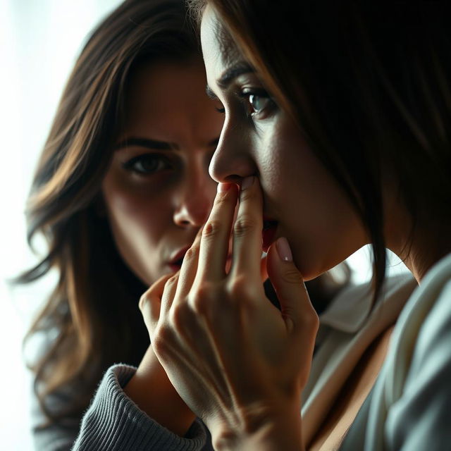 A dramatic and artistic scene featuring a woman's hand gently but firmly covering another woman's mouth, suggesting a moment of suspense or intimacy