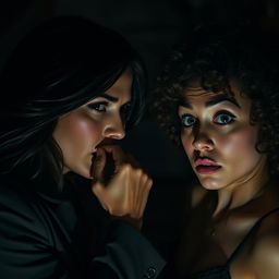 A dramatic and intense scene featuring a woman with a strong gaze, holding another woman's mouth and nose firmly with her hand, depicting a powerful emotional exchange
