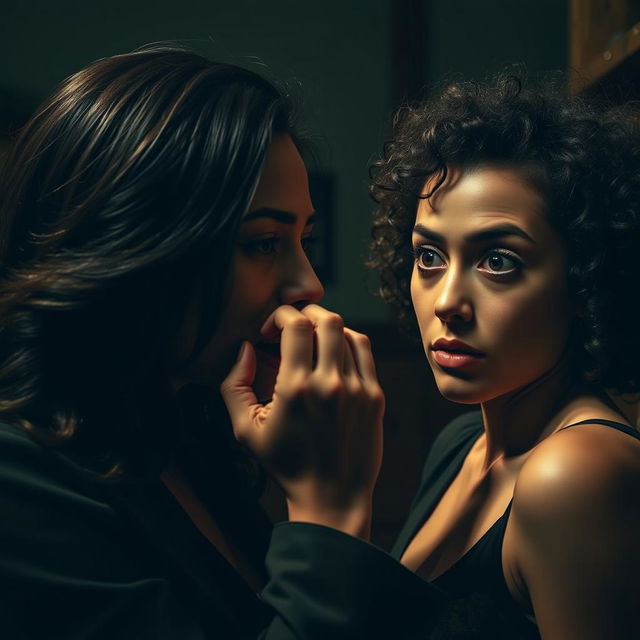 A dramatic and intense scene featuring a woman with a strong gaze, holding another woman's mouth and nose firmly with her hand, depicting a powerful emotional exchange