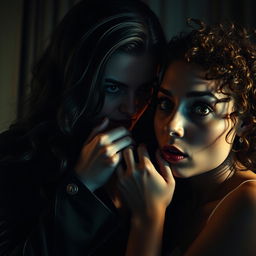 A dramatic and intense scene featuring a woman with a strong gaze, holding another woman's mouth and nose firmly with her hand, depicting a powerful emotional exchange