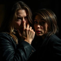 A powerful and emotional scene featuring a woman firmly pressing her hand over another woman's mouth and nose, conveying a sense of urgency and tension