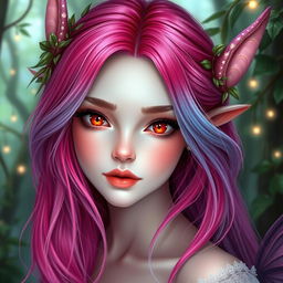 A stunningly gorgeous female fae with breathtaking beauty, featuring a vibrant electric pink hair color that blends seamlessly into soft blue tones