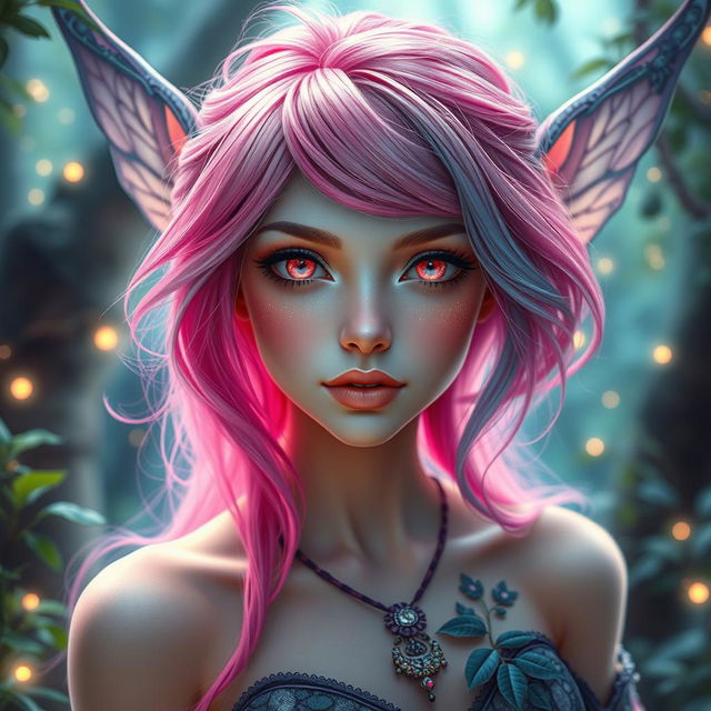 A stunningly gorgeous female fae with breathtaking beauty, featuring a vibrant electric pink hair color that blends seamlessly into soft blue tones