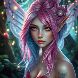 A stunningly gorgeous female fae with breathtaking beauty, featuring a vibrant electric pink hair color that blends seamlessly into soft blue tones