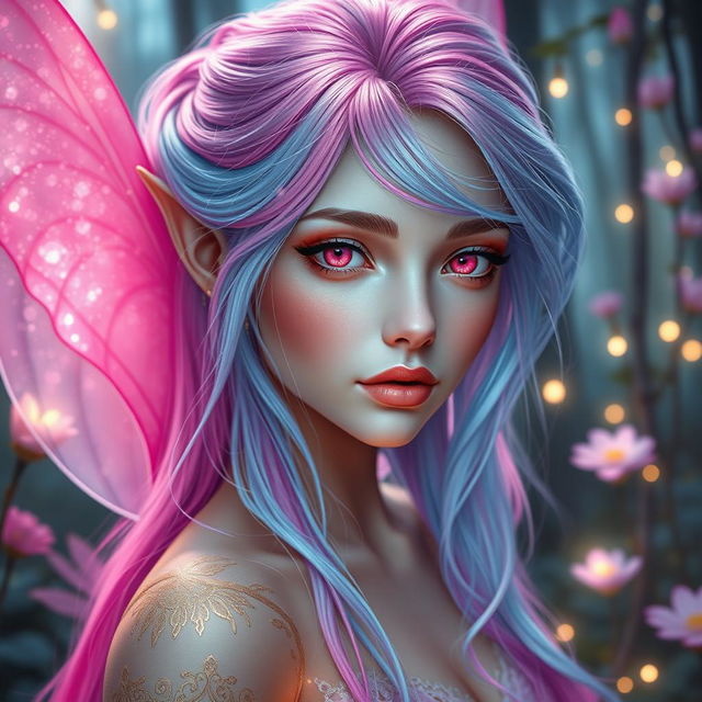 A breathtakingly gorgeous female fae with electric pink hair that gracefully transitions into soft blue tones, creating a stunning fusion of colors