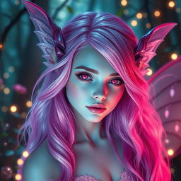A breathtakingly gorgeous female fae with electric pink hair that gracefully transitions into soft blue tones, creating a stunning fusion of colors