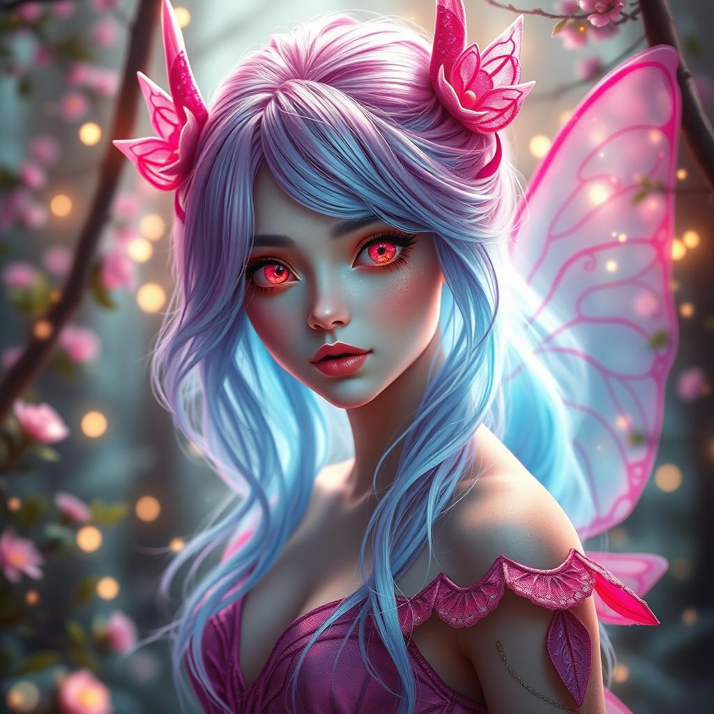 A breathtakingly gorgeous female fae with electric pink hair that gracefully transitions into soft blue tones, creating a stunning fusion of colors