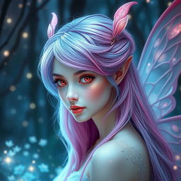 A breathtakingly gorgeous female fae with electric pink hair that gracefully transitions into soft blue tones, creating a stunning fusion of colors
