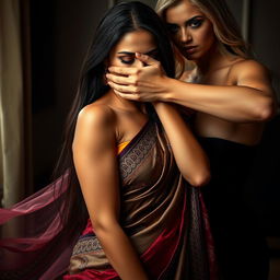 An alluring and dramatic scene featuring a sexy woman draped in a beautifully designed saree, with intricate patterns and vibrant colors accentuating her curves
