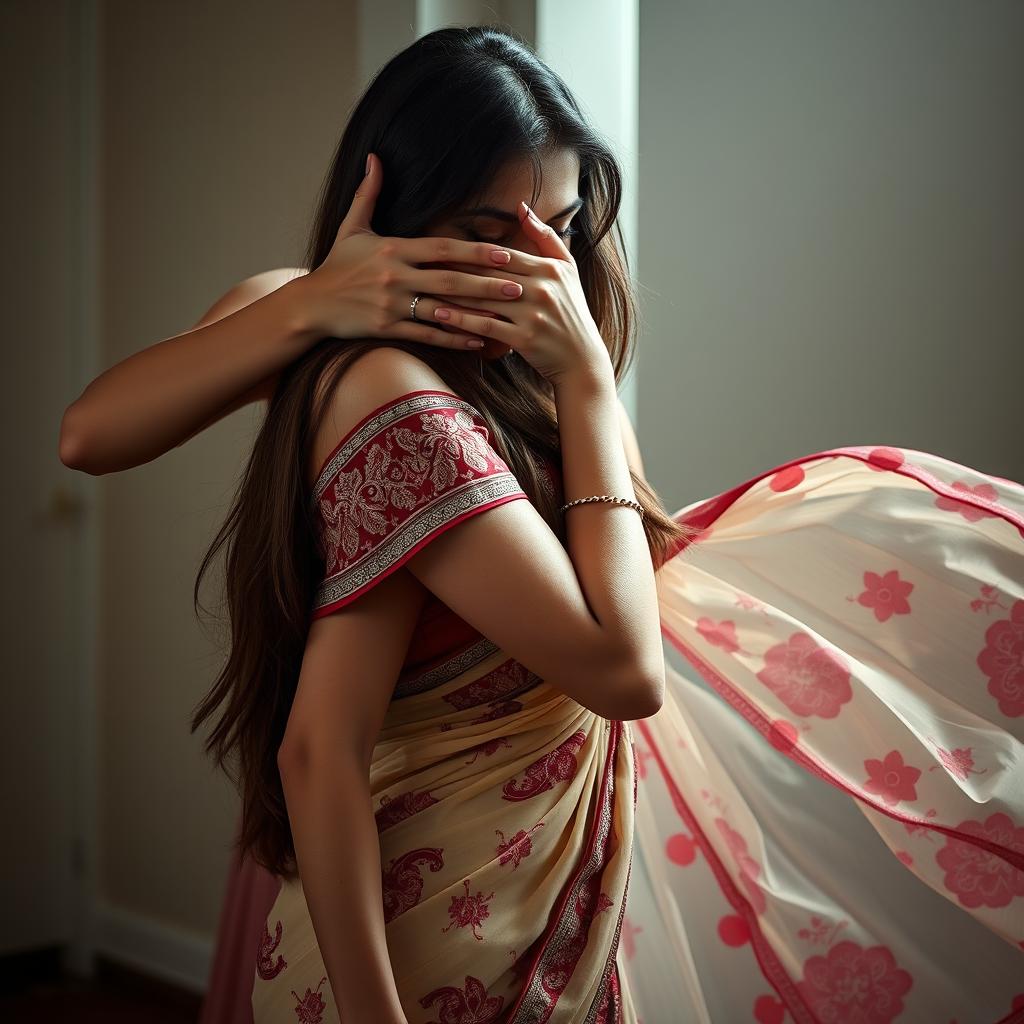 An alluring and dramatic scene featuring a sexy woman draped in a beautifully designed saree, with intricate patterns and vibrant colors accentuating her curves