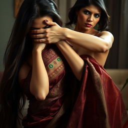 An alluring and dramatic scene featuring a sexy woman draped in a beautifully designed saree, with intricate patterns and vibrant colors accentuating her curves