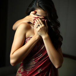A dramatic and alluring scene featuring a sexy woman adorned in a stunning, intricately designed saree that hugs her curves beautifully