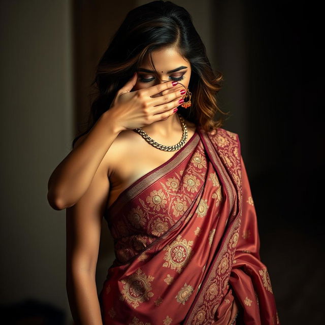 A dramatic and alluring scene featuring a sexy woman adorned in a stunning, intricately designed saree that hugs her curves beautifully