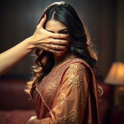 A dramatic and alluring scene featuring a sexy woman adorned in a stunning, intricately designed saree that hugs her curves beautifully