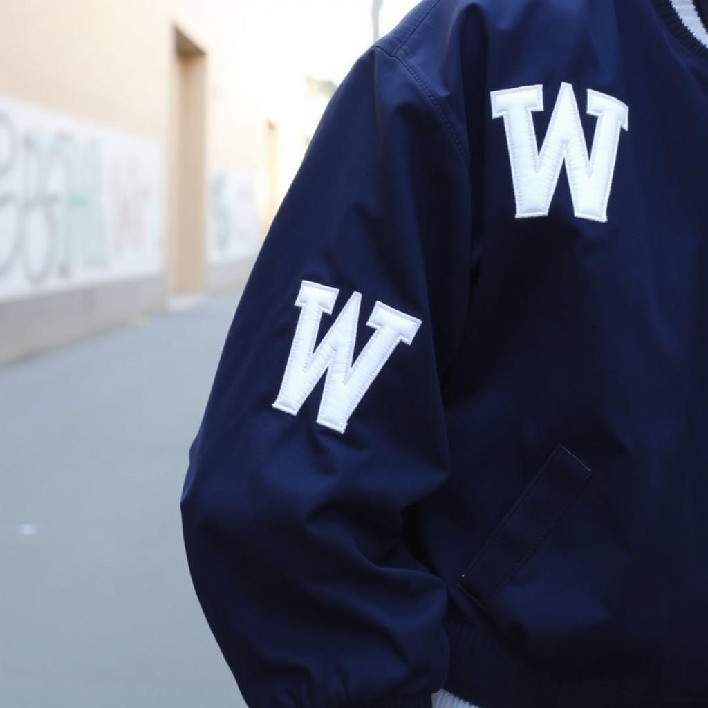 A stylish navy blue varsity jacket, featuring a bold white letter 'W' embroidered on the front left side