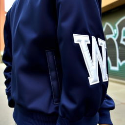 A stylish navy blue varsity jacket, featuring a bold white letter 'W' embroidered on the front left side