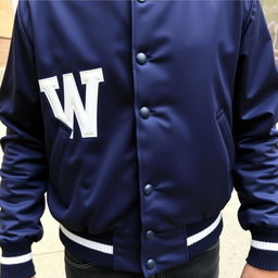 A stylish navy blue varsity jacket, featuring a bold white letter 'W' embroidered on the front left side