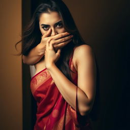 An intriguing and sensual scene featuring a sexy woman dressed in a beautiful saree, which showcases elegant patterns and vibrant colors that enhance her silhouette