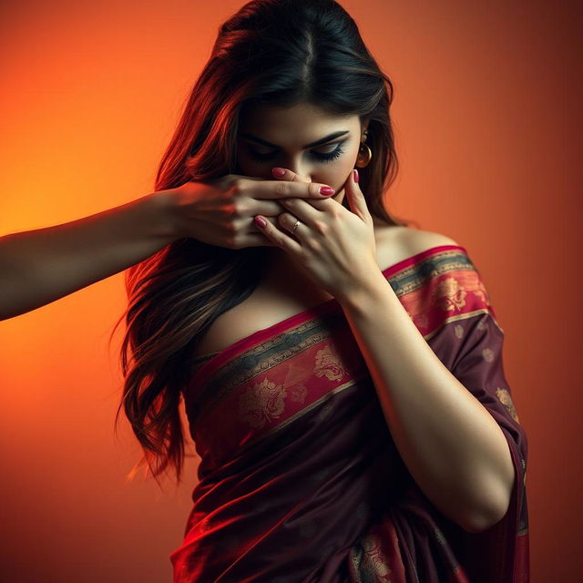 An intriguing and sensual scene featuring a sexy woman dressed in a beautiful saree, which showcases elegant patterns and vibrant colors that enhance her silhouette
