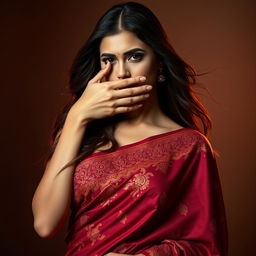 An intriguing and sensual scene featuring a sexy woman dressed in a beautiful saree, which showcases elegant patterns and vibrant colors that enhance her silhouette