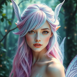 A breathtakingly gorgeous female fae with stunning electric pink hair that transitions softly into gentle blue tones, creating a mesmerizing visual effect