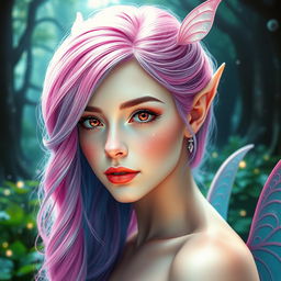 A breathtakingly gorgeous female fae with stunning electric pink hair that transitions softly into gentle blue tones, creating a mesmerizing visual effect