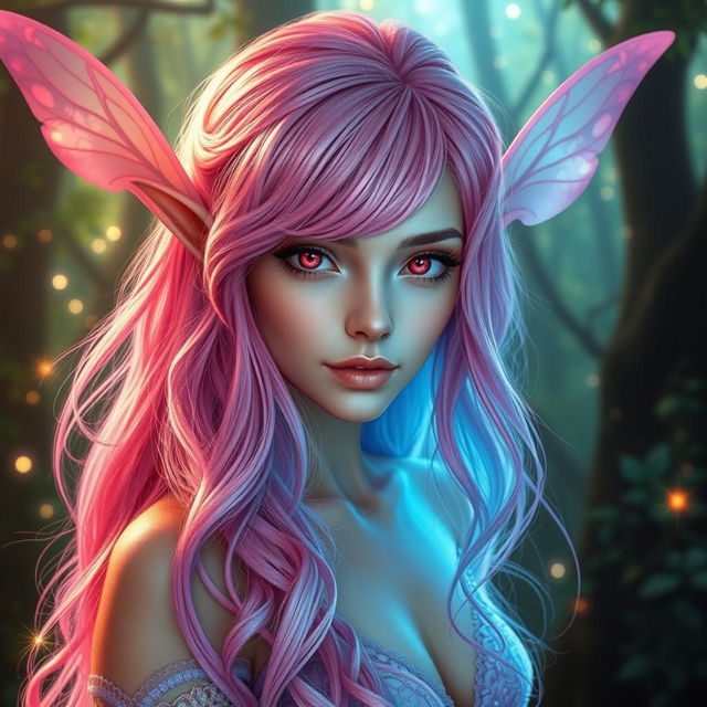 A breathtakingly gorgeous female fae with stunning electric pink hair that transitions softly into gentle blue tones, creating a mesmerizing visual effect