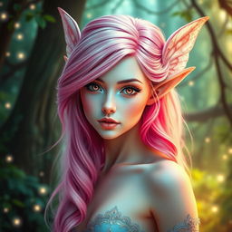 A breathtakingly gorgeous female fae with stunning electric pink hair that transitions softly into gentle blue tones, creating a mesmerizing visual effect