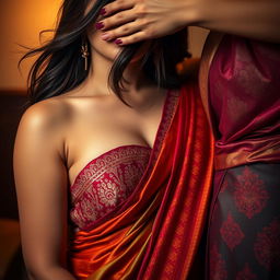 A captivating and sensual scene featuring a sexy woman elegantly dressed in a vibrant saree with intricate designs that showcase her curves
