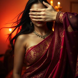 A captivating and sensual scene featuring a sexy woman elegantly dressed in a vibrant saree with intricate designs that showcase her curves