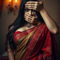 A captivating and sensual scene featuring a sexy woman elegantly dressed in a vibrant saree with intricate designs that showcase her curves