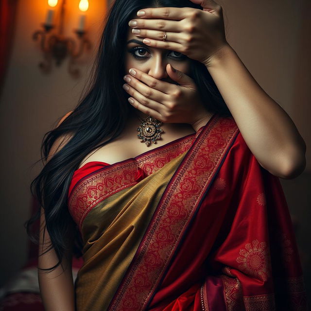 A captivating and sensual scene featuring a sexy woman elegantly dressed in a vibrant saree with intricate designs that showcase her curves