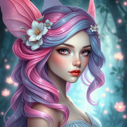 A breathtakingly gorgeous female fae with a stunning electric pink and soft blue hair color that cascades in elegant waves, styled in a classic Greek goddess look