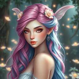 A breathtakingly gorgeous female fae with a stunning electric pink and soft blue hair color that cascades in elegant waves, styled in a classic Greek goddess look