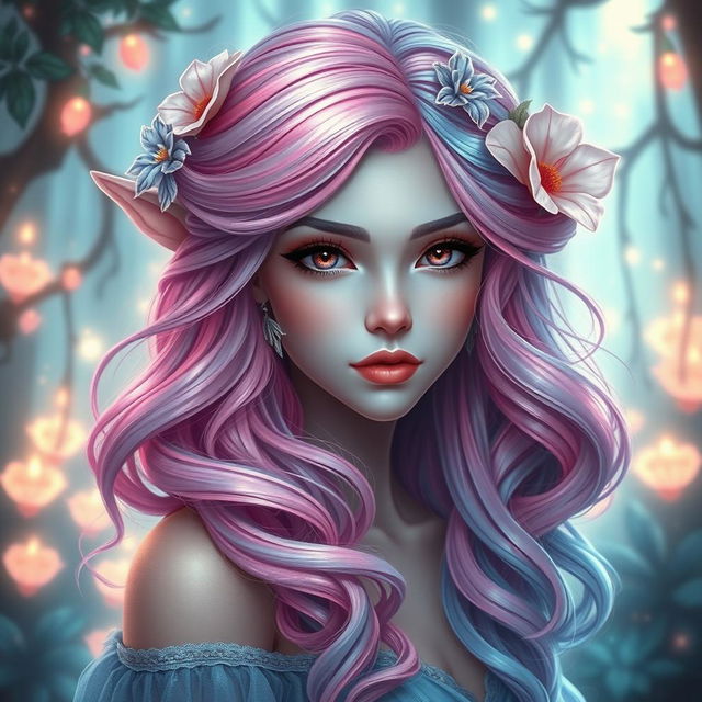 A breathtakingly gorgeous female fae with a stunning electric pink and soft blue hair color that cascades in elegant waves, styled in a classic Greek goddess look