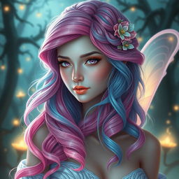 A breathtakingly gorgeous female fae with a stunning electric pink and soft blue hair color that cascades in elegant waves, styled in a classic Greek goddess look