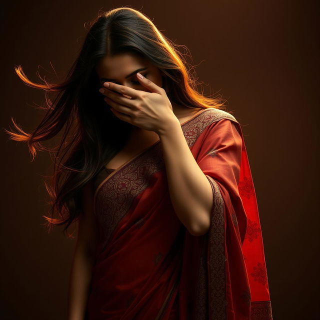 An alluring and intimate scene featuring a sexy woman wearing a beautifully draped saree that accentuates her figure