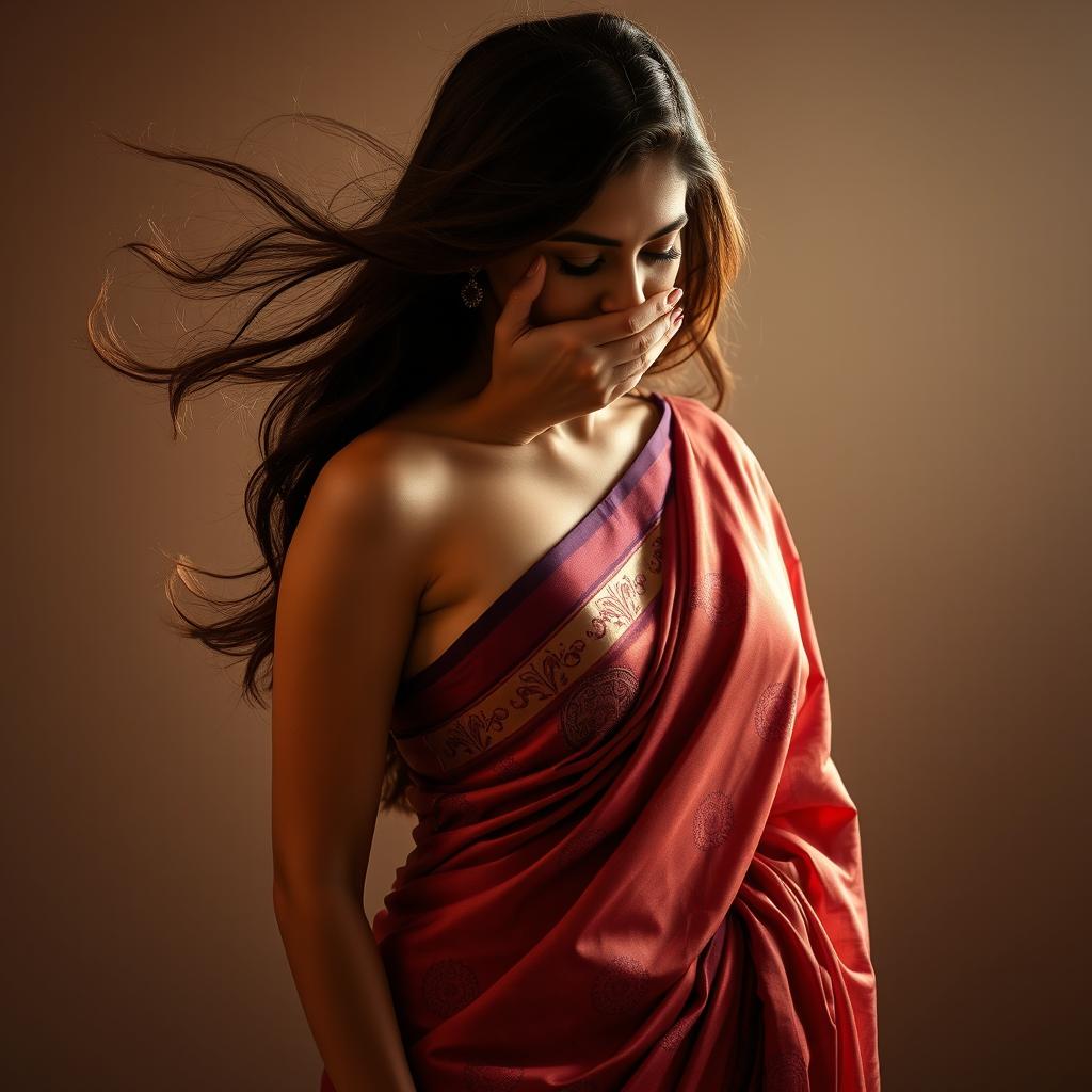 An alluring and intimate scene featuring a sexy woman wearing a beautifully draped saree that accentuates her figure