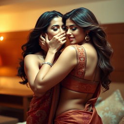 A sensual and captivating scene featuring a sexy woman in an ornate saree, which beautifully accentuates her curves and features intricate designs