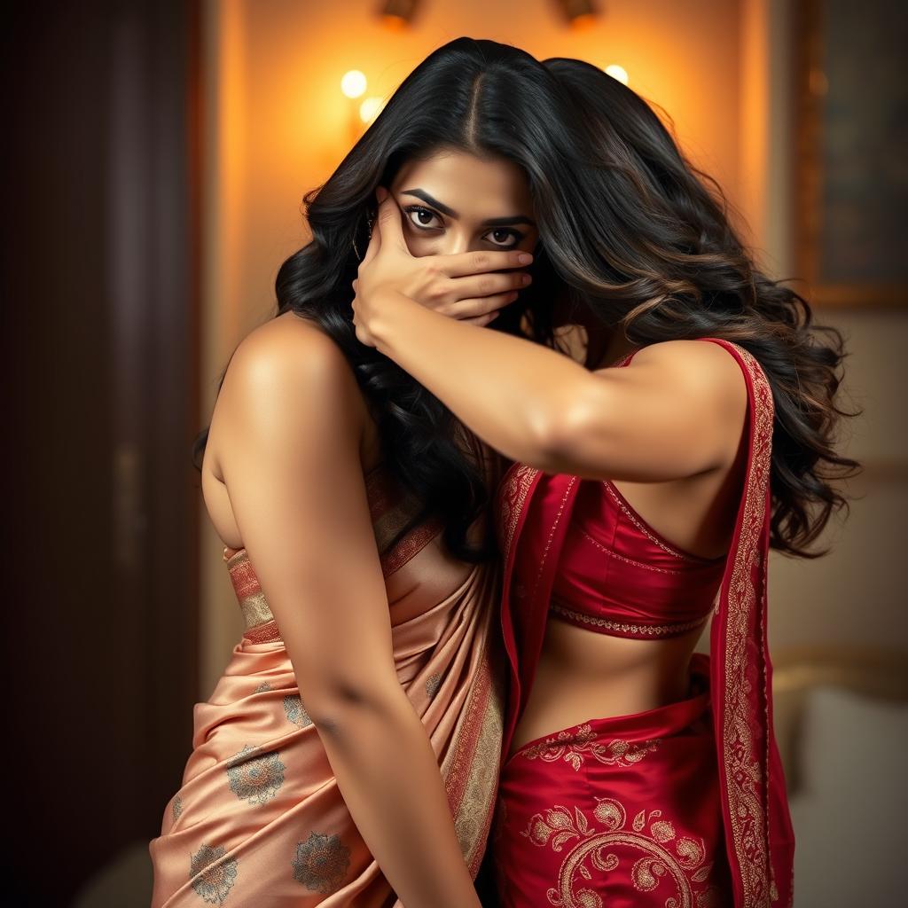 A sensual and captivating scene featuring a sexy woman in an ornate saree, which beautifully accentuates her curves and features intricate designs