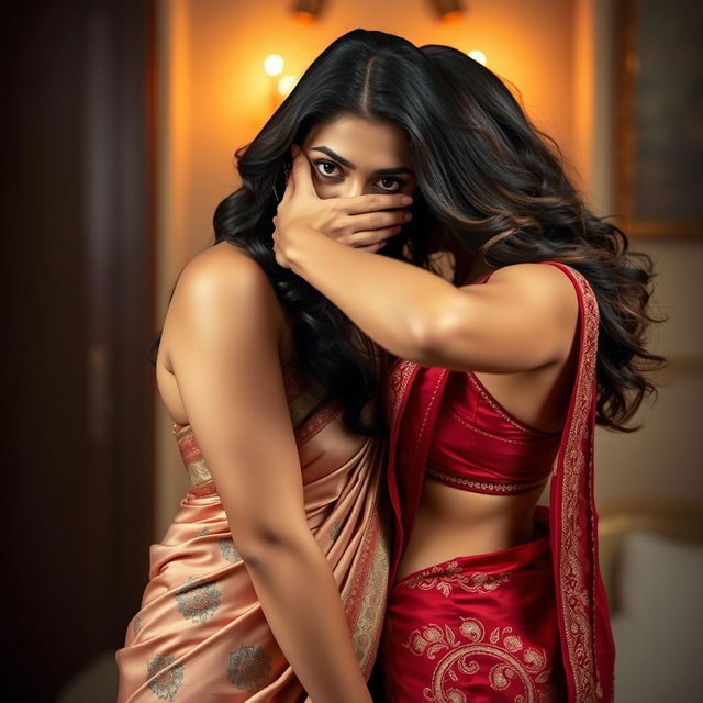 A sensual and captivating scene featuring a sexy woman in an ornate saree, which beautifully accentuates her curves and features intricate designs