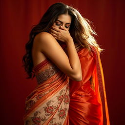 A sensual scene showcasing a sexy woman in an intricately designed saree, captivatingly accentuating her figure