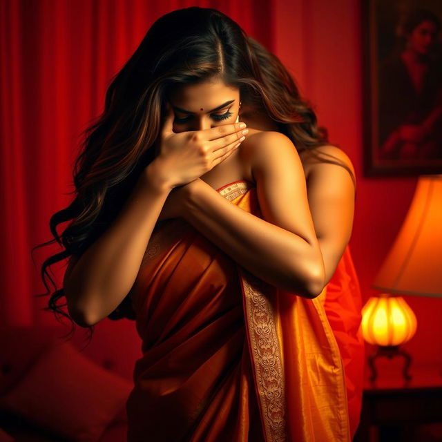 A provocative and tantalizing scene featuring a sexy woman in a luxurious saree that highlights her alluring figure