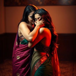 A provocative and tantalizing scene featuring a sexy woman in a luxurious saree that highlights her alluring figure