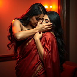 A provocative and tantalizing scene featuring a sexy woman in a luxurious saree that highlights her alluring figure