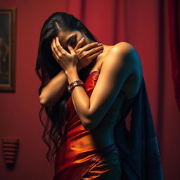A provocative and tantalizing scene featuring a sexy woman in a luxurious saree that highlights her alluring figure