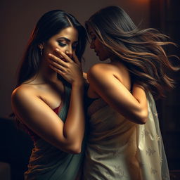 A sultry scene depicting a sexy woman in a beautifully draped saree, emphasizing her curves and femininity