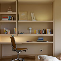 A cozy, well-lit bedroom featuring a comfortable study area with a neat desk, a chair, a laptop, bookshelves filled with various books, and a table lamp.