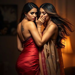 A sultry scene depicting a sexy woman in a beautifully draped saree, emphasizing her curves and femininity